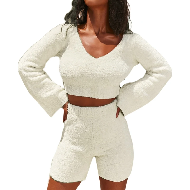 

Women Fuzzy Plush Warm Sweater Outfits Flare Long Sleeve Crop Top Bodycon Shorts