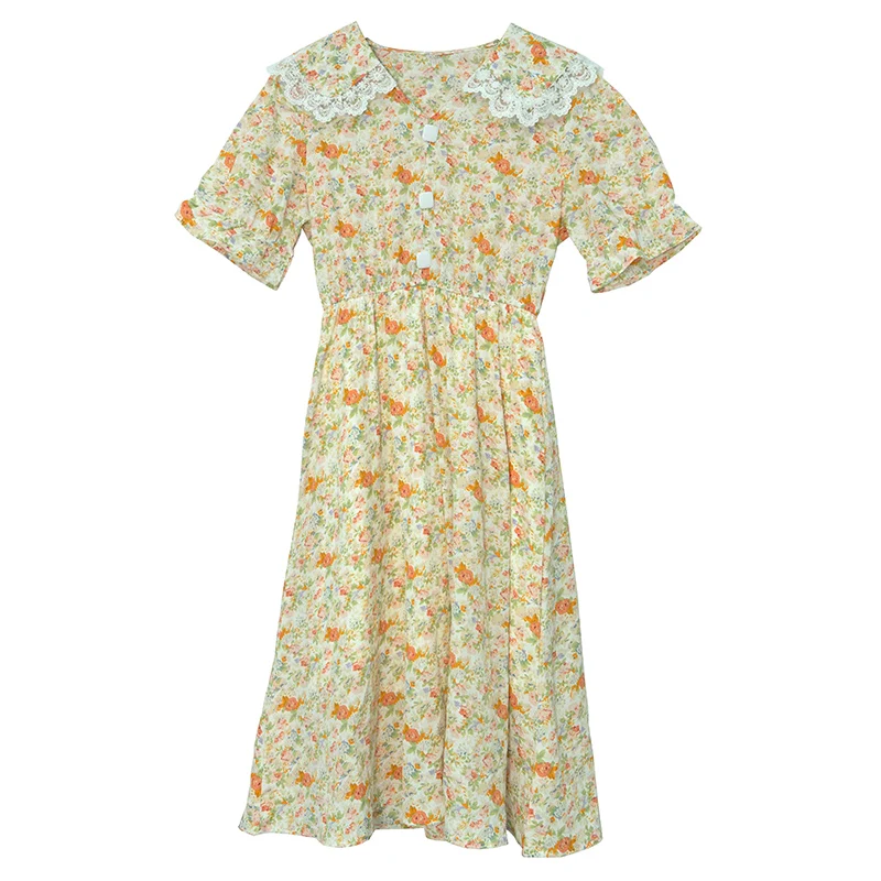 

Chiffon Dresses Women Summer lace Casual A-line Long Dress New 2020 Korean Style Floral Print Ladies Elegant Party Dresses