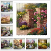 Retro Oil Painting Courtyard landscape Shower Curtains Garden House Bathroom Decor Waterproof Polyester Fabric Curtain Set