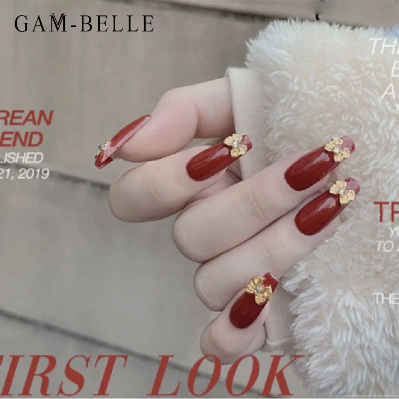 

Гам-BELLE 24 шт. накладные ногти для ног, Красный с 3D с золотистым бантом Длинные балерина полный для Неил арта украшения для кончиков ногтей кра...