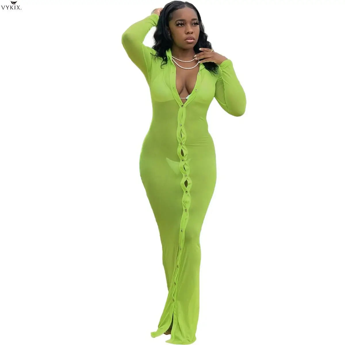 

Модное женское длинное платье, однотонные сетчатые прозрачные однобортные тянущиеся Макси-платья с длинным рукавом, сексуальная пляжная о...