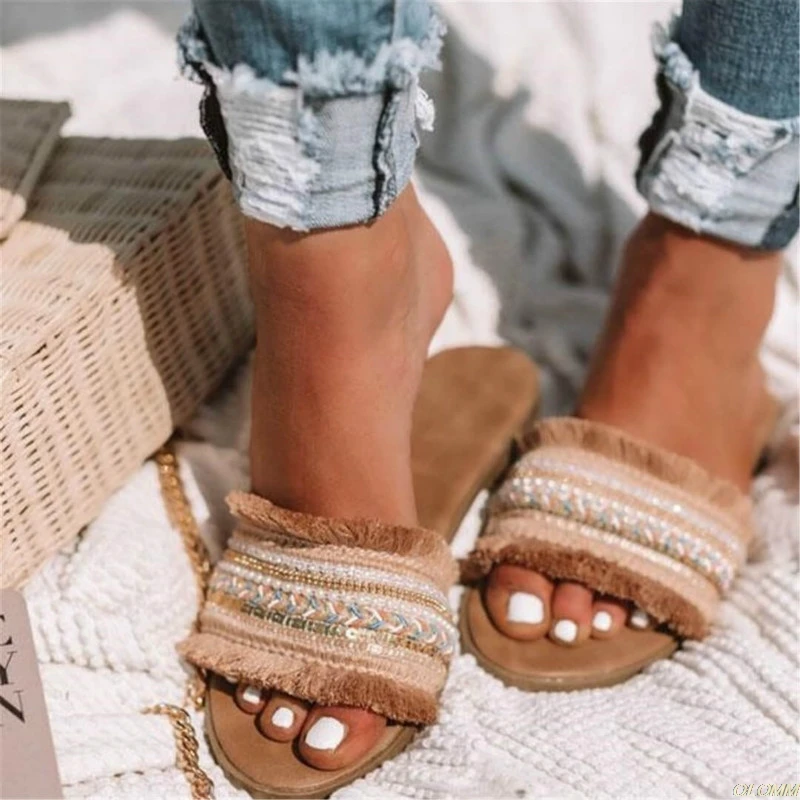 

Summer New Fringe Rome Slippers Large Size Women Flat with Slide Breathable Weaving Slippers Mules Shoes Women Casual Sandals