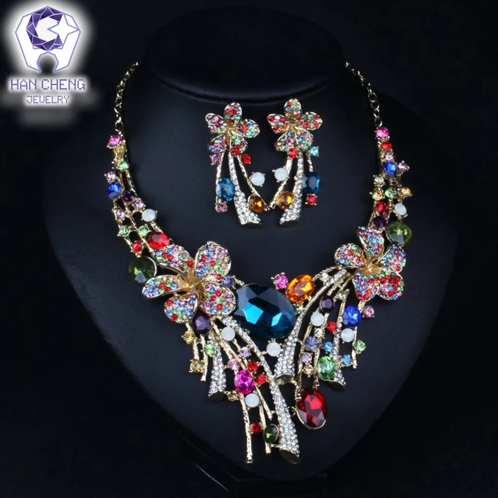 HanCheng Luxury Flowers Golden Metal Rhinestone Big Crystal Statement Choker Necklace/Earrings For Women Jewelry leagtha collier | Украшения