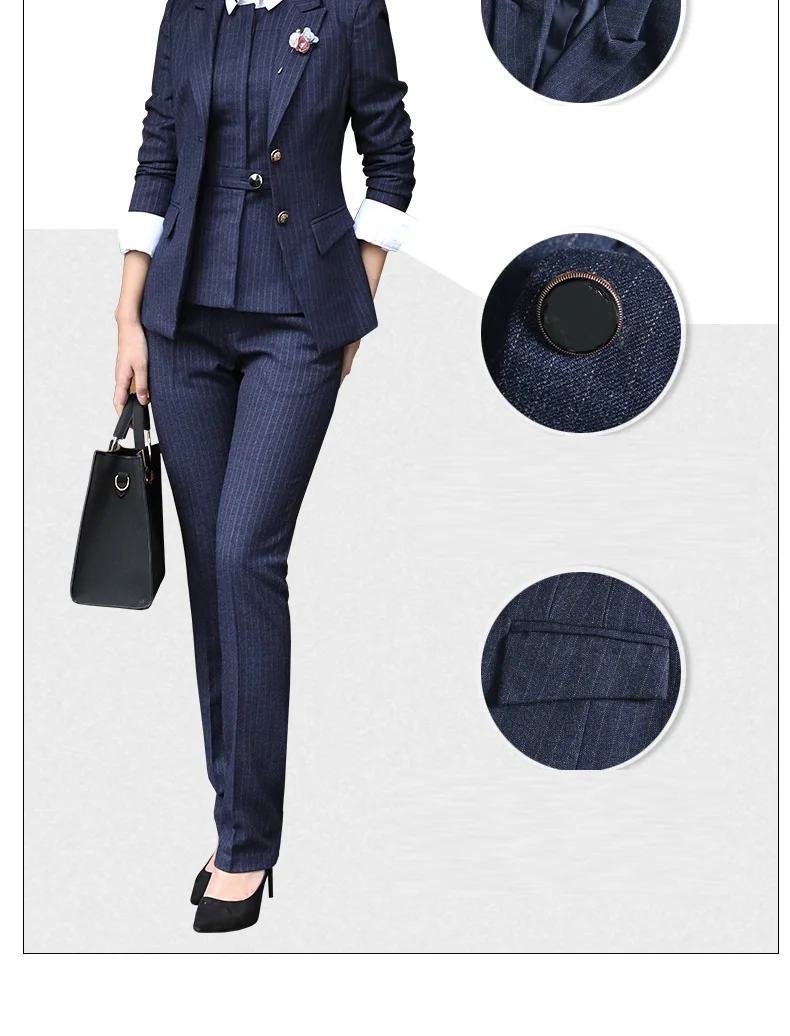 

Free shipping Fashion women stripe blazer suits office uniforms slim fit business wear clothes set tops+pants plus size S-4XL