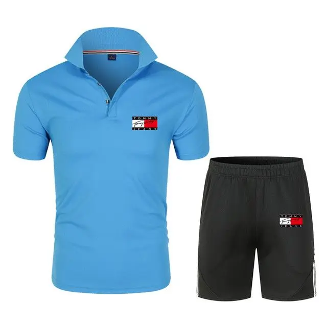 

Summer polo shirt men's short sleeve polo shirt + shorts men's suit breathable 2 jacket short suit fitness sportswear suit