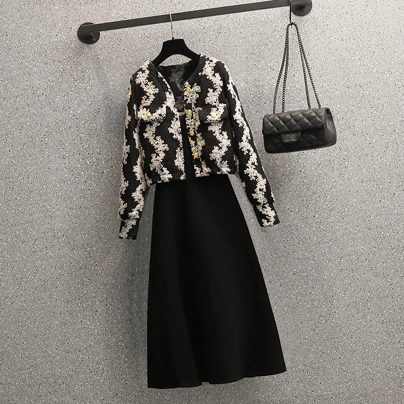 

2021 Korean Sweater Set Fashion Vintage Style V-Neck embroidery Knitted Sweater Coat + Long Vest Dress Female Two-Piece Suit big