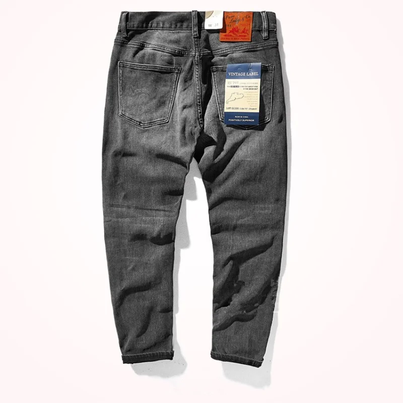 Autumn and Winter Thick Stretch Jeans Men 's American-Style Retro Brushed White Stone Washed Distressed Straight Tapered Denim T