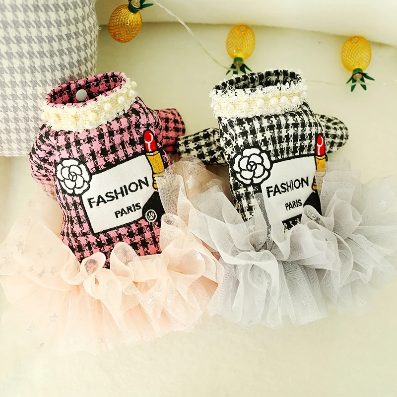 Розовый черный жемчуг элегантное собачье платье пальто юбка с кошкой аксессуары