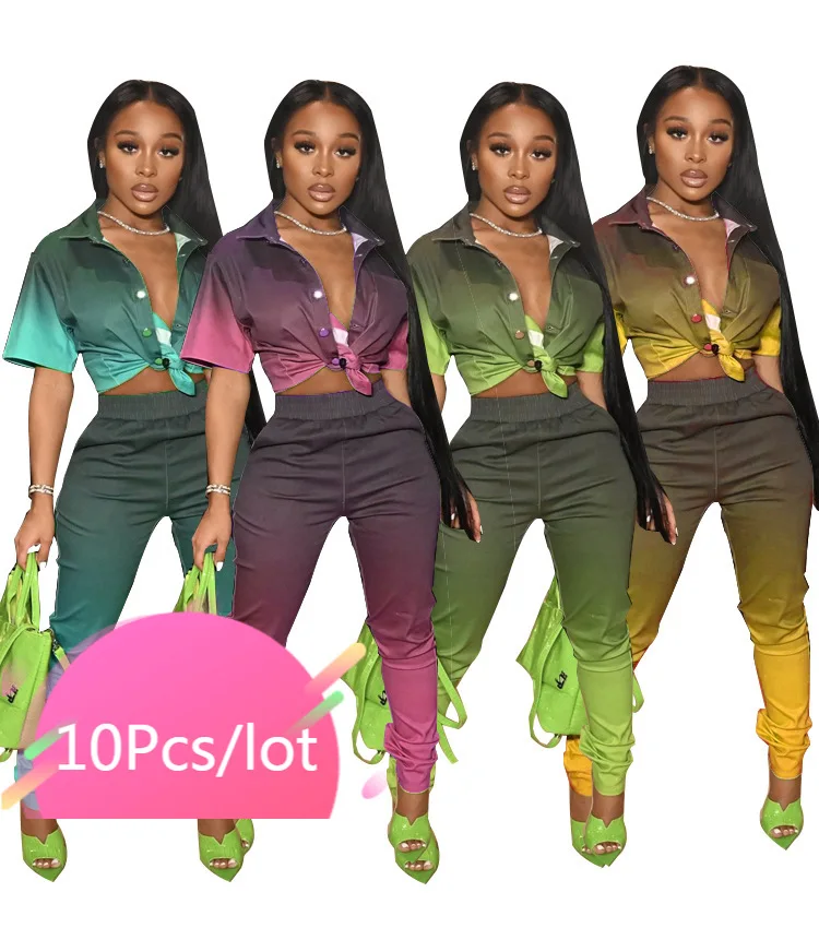 

Крупные товары, оптовая продажа, комплекты из двух предметов, женские однобортные Топы с коротким рукавом и отложным воротником и длинные б...