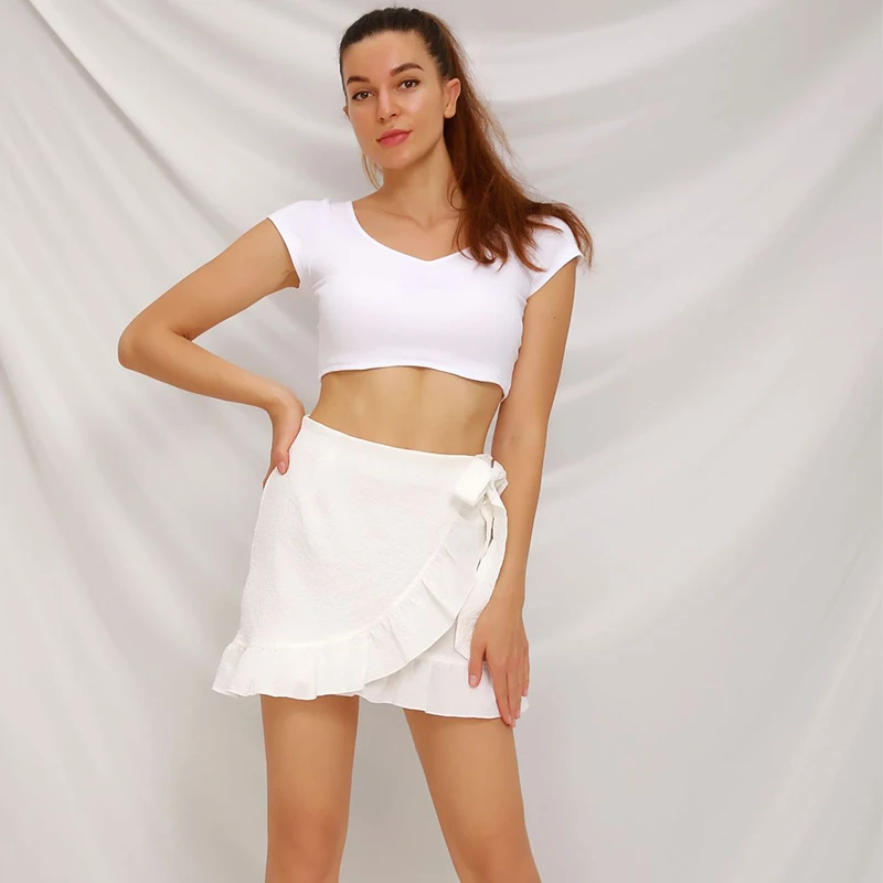 

Summer Pure Color Tied Zip Skirts Womens 2021 New Fresh Sweet Irregular Seersucker Lotus Leaf A Line Short Skirt Casual Wear
