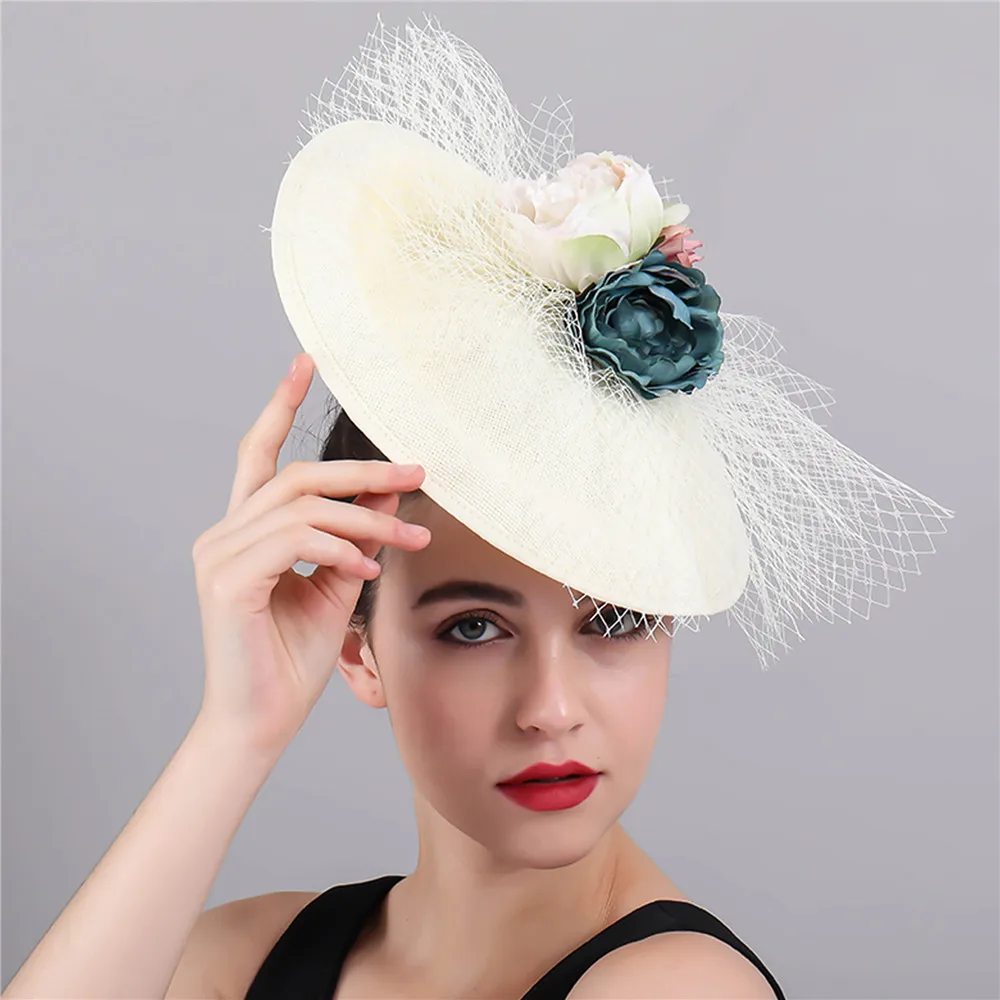 Женская Вуалетка из искусственного льна свадебная Бежевая Шляпа с цветами