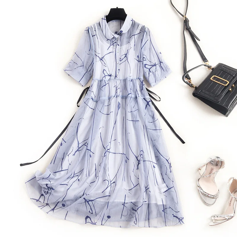 Женское модельное платье рубашка однобортное трапеция с коротким рукавом и