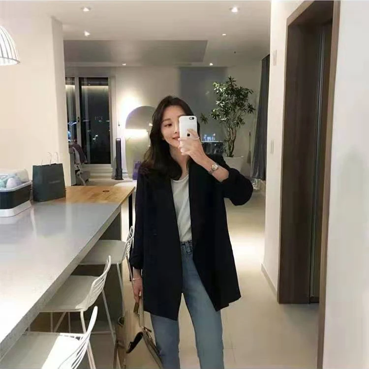 

Luck A spring women solid turn down collar blazer office lady double breasted street jacket female simple black blazer