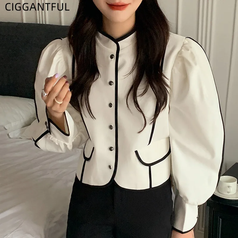 

Весенне-осенняя винтажная укороченная куртка с воротником-стойкой контрастного цвета, однобортное свободное короткое пальто с пышными рук...