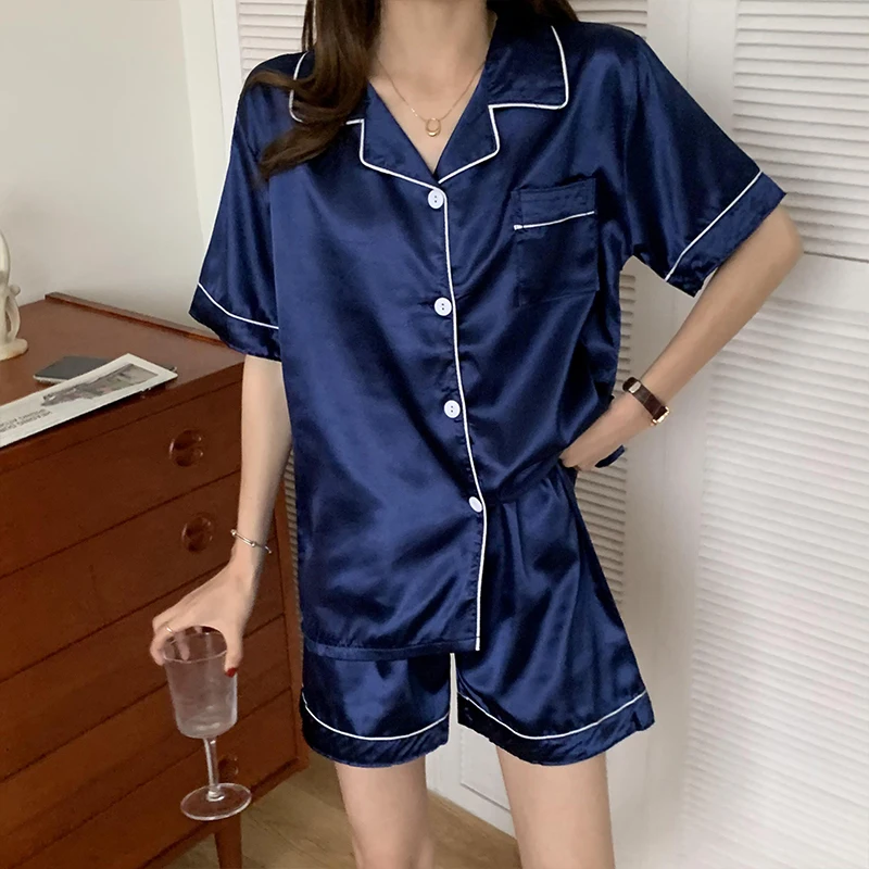 CAIYIER Solid Color Women Silk Nightwear Turn-down Collar Short Sleeve Sleepwear Female Soft Lingerie Plus Size Pajamas Set 5XL