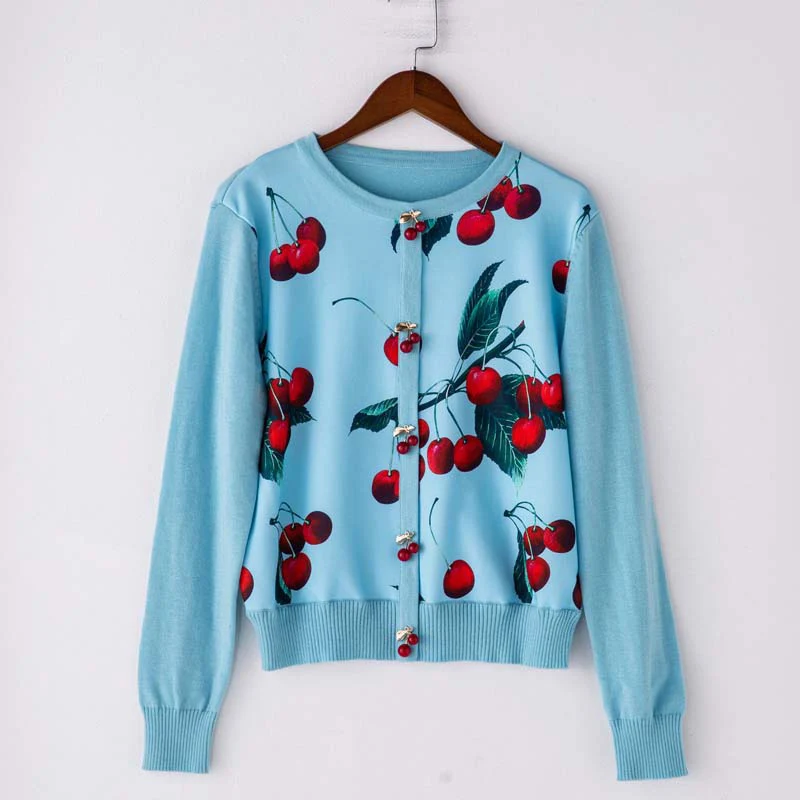Sweater AELESEEN сладкий с фруктовым принтом костюм-двойка Хай-стрит Вязание пуговица "ВИШЕНКА" пуловер, свитер, топ+ элегантное миди-юбка из шифона, комплект - Цвет: Sweater