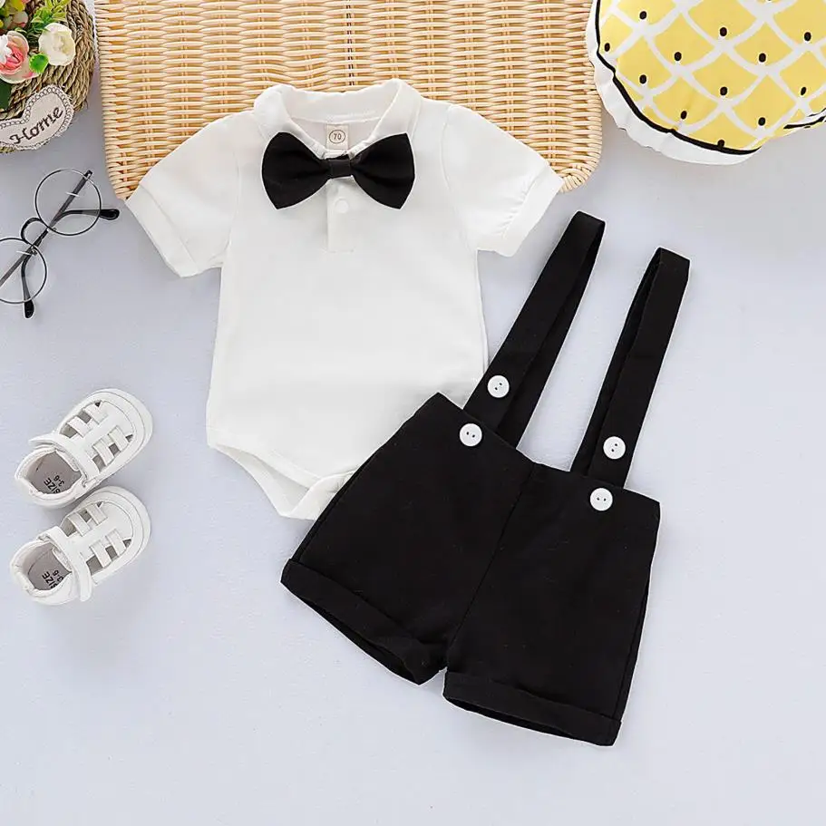 

Костюм джентльменов для новорожденных мальчиков 3 шт. комбинезон с коротким рукавом с лацканами брюки на подтяжках галстук-бабочка для вече...