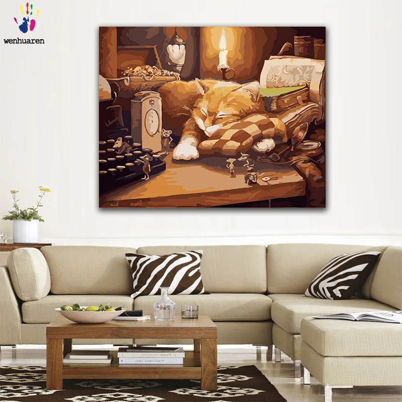 DIY картинки для раскраски по номерам с цветами Спящая кошка на столе картина