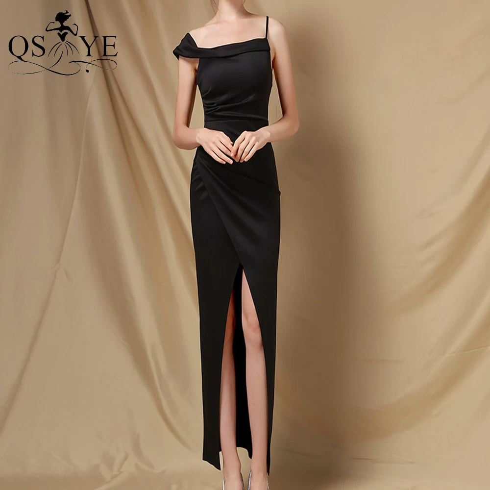 

Simple Black Prom Dress Sexy Front Split Evening Gown Tea Length Ruched Formal Dress Side Sleeves Straps Women Black Party Gown