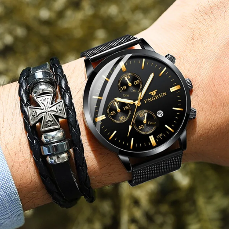 Роскошные мужские кварцевые наручные часы Reloj Hombre бренд FNGEEN Стальные с ремешком
