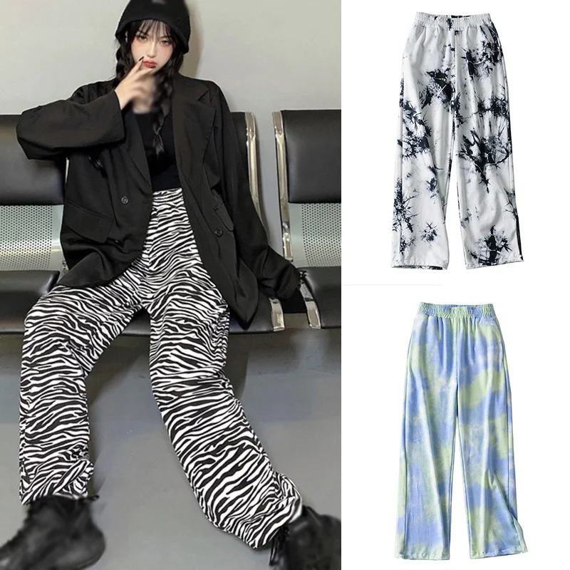

Casual Wide-leg Pants Women's Summer Elastic High-waist Printing Loose Straight-leg Pants Zebra Horizontal Pattern Pants