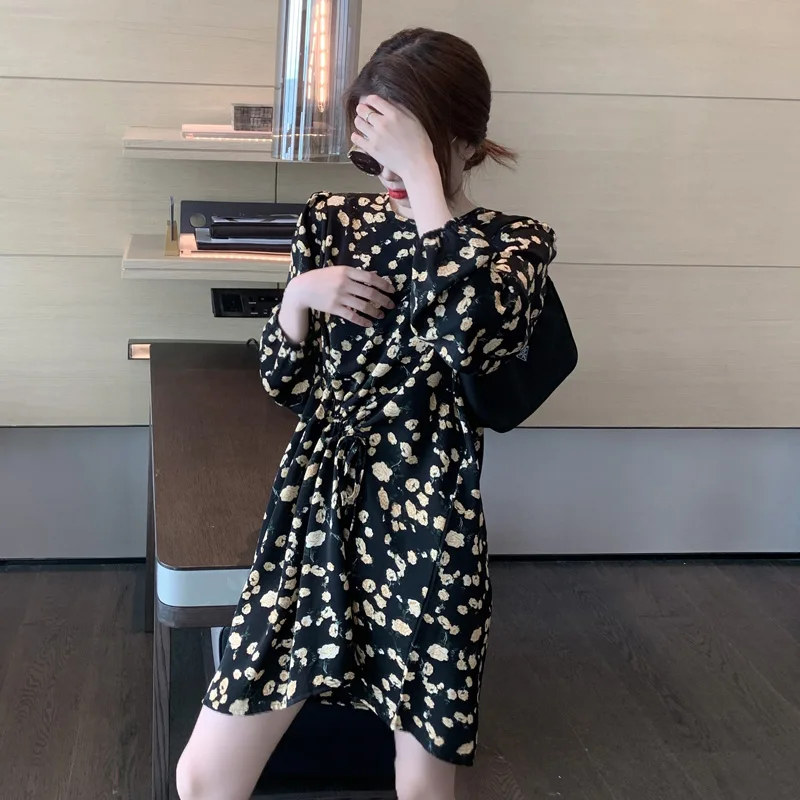 

JXMYY fashion new product antique floral dress female waist slimming base skirt temperament pleated skirt