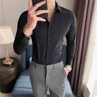 autumn new collar embroidery fashion slim long sleeve mens shirt solid gray white black business casual office men long sleeve