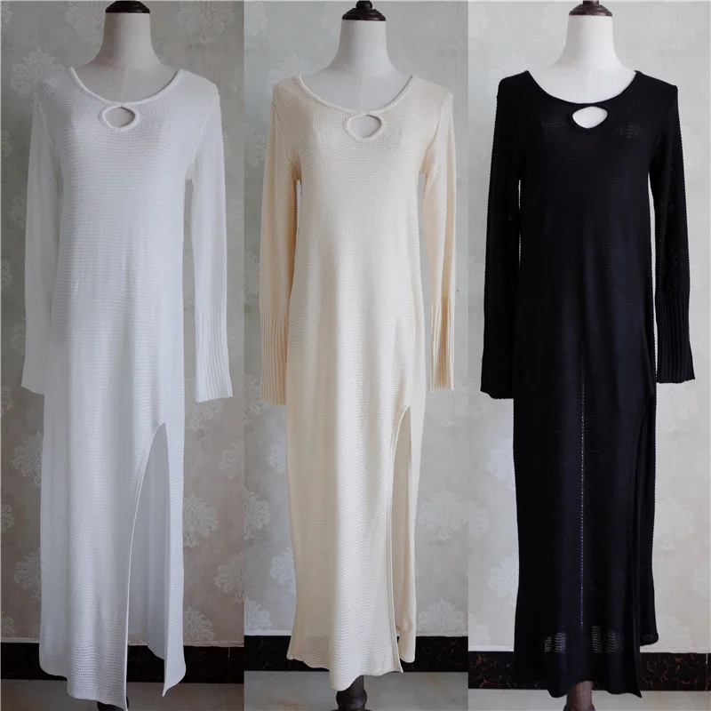 Белое трикотажное пляжное платье-туника с вязаным крючком покрытием длинное