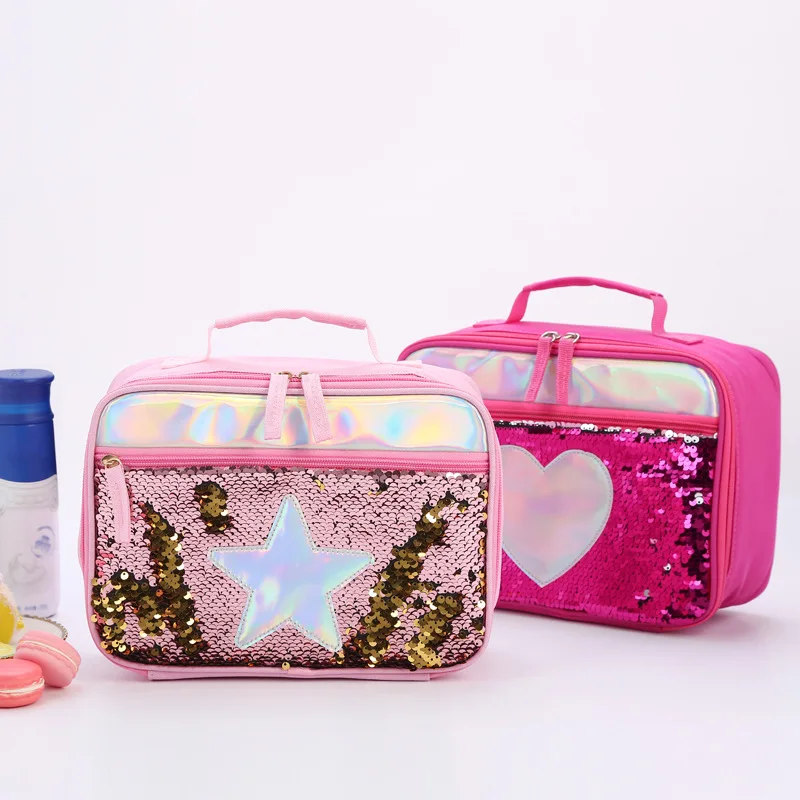

Reverse Sequin Insulated Kid Girls Lunch Box Glitter Tote Bag Cooler Picnic Pouch Storage Case Cosmetic Food organizer