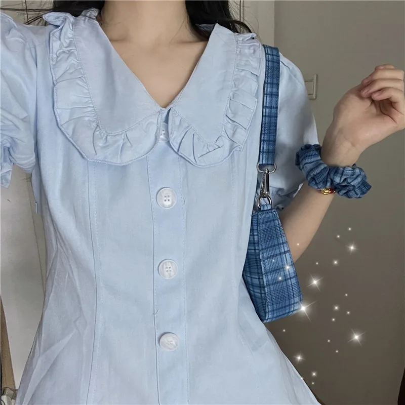 

First Love Dress Women's 2021 Spring New Ruffled Doll Collar Waist-Slimming Dress Small Short Sleeve A- line Dress