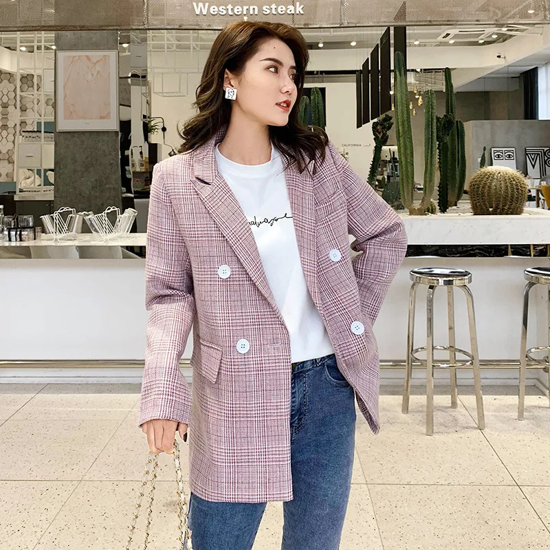 Женский пиджак повседневный двубортный розовый клетчатый Блейзер модное