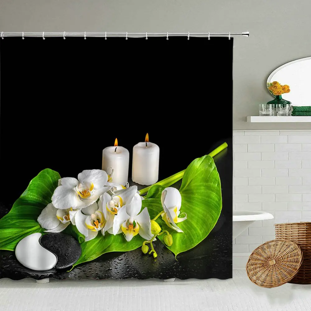 

Цветок Белой Орхидеи занавеска для душа с зелеными листьями спа камень черный фон для ванной водонепроницаемые Полиэстеровые шторы украшение для дома