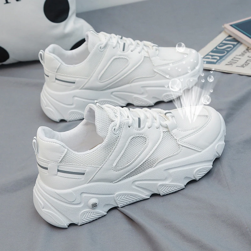 

Women Sneakers Fashion Chunky Casual Thick Sole Breathable Mesh Lace Up Platform Vulcanize Footwear Female White Walking Shoes