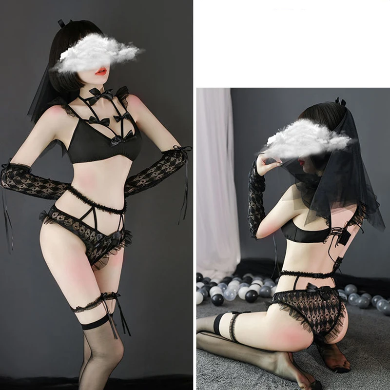 

Ladies Sexy Pajamas Cute Bride Uniform Cosplay Bed Seduction Wedding Nightgown Set Perspective Hollow Lace Embroidere Sleepwear