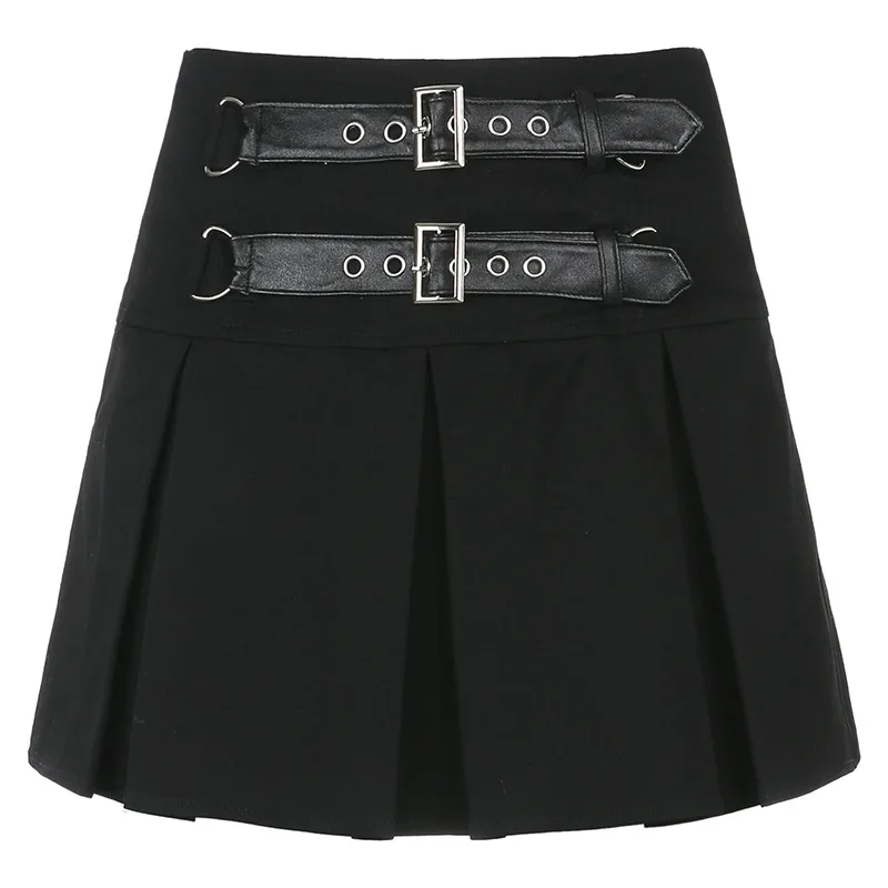 

Punk Black Pleated Skirt Women Casual High Waist Straps Skirt Gothic Girls Harajuku Leather Button Mini Skirts Woman