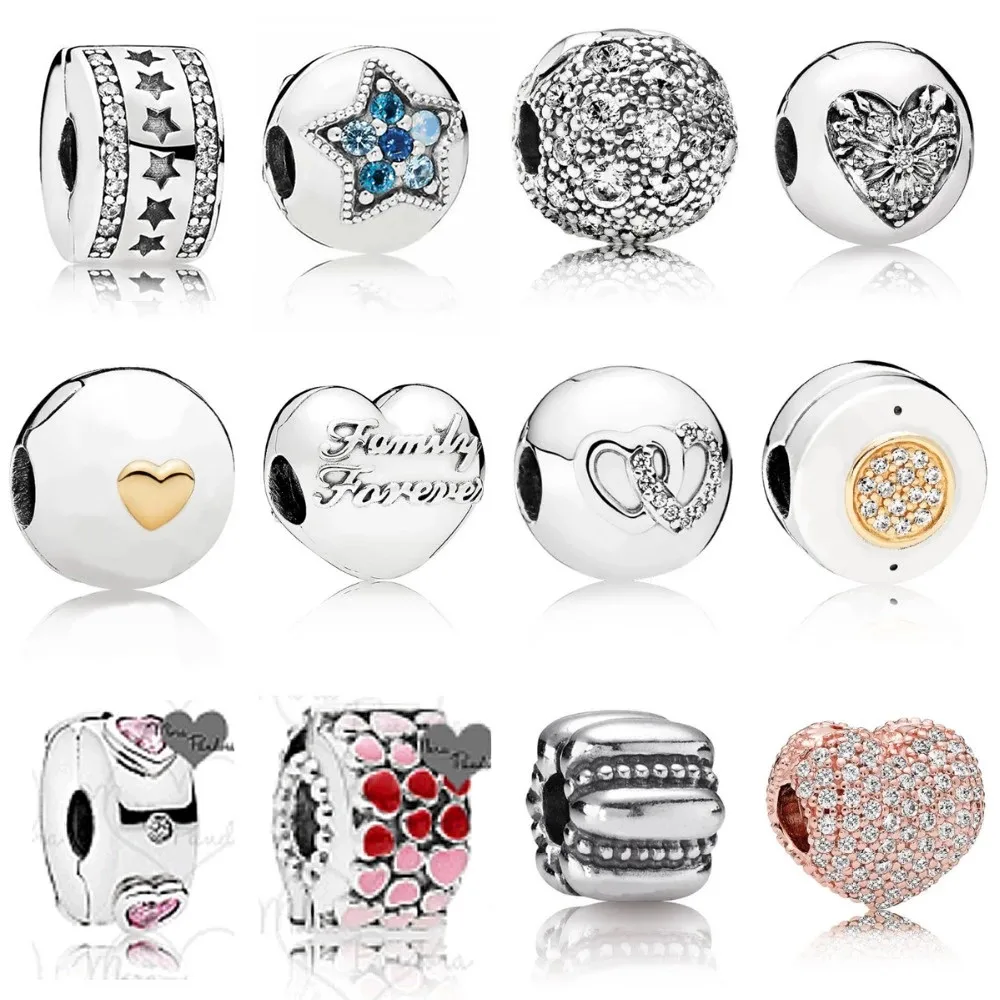 

NEW 100% 925 Sterling Silver Signature Safety Clip Original charm Bead Clear Fit Bracelet DIY bangle Jewelry Birthday Gift