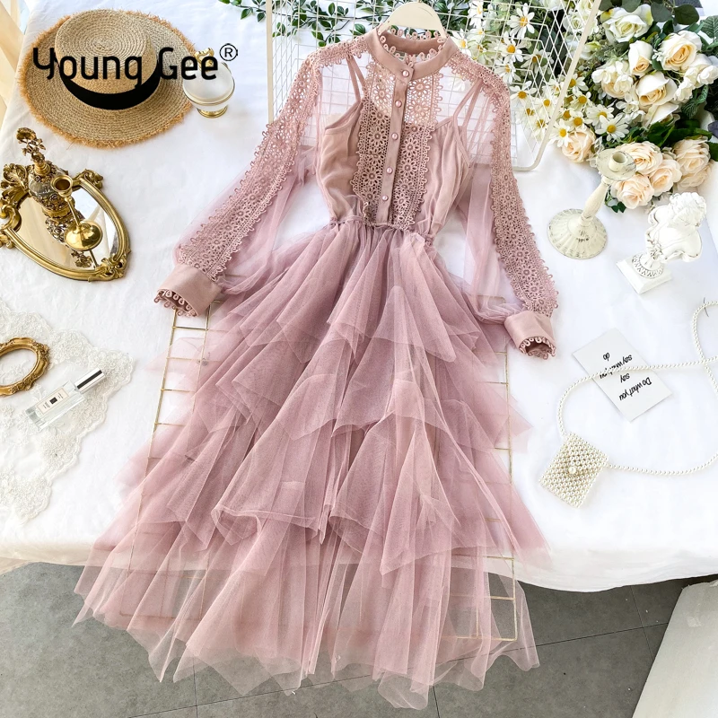 Женское кружевное платье Young Gee элегантное весеннее асимметричное принцессы со