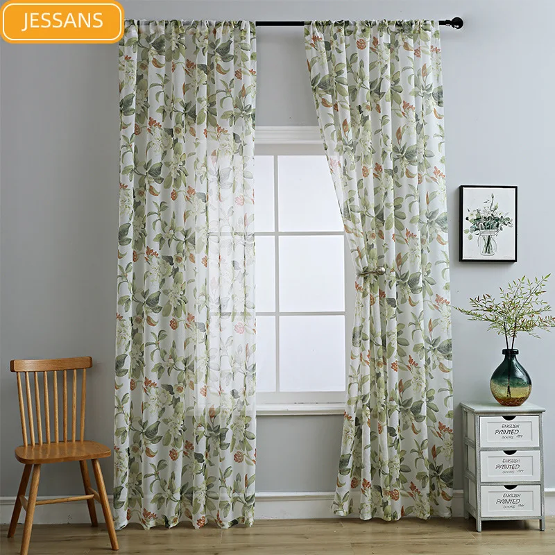 

American Printing Cotton and Linen Screen Semi-blackout Curtains for Living Room Bedroom Partition Floor-to-ceiling Windows