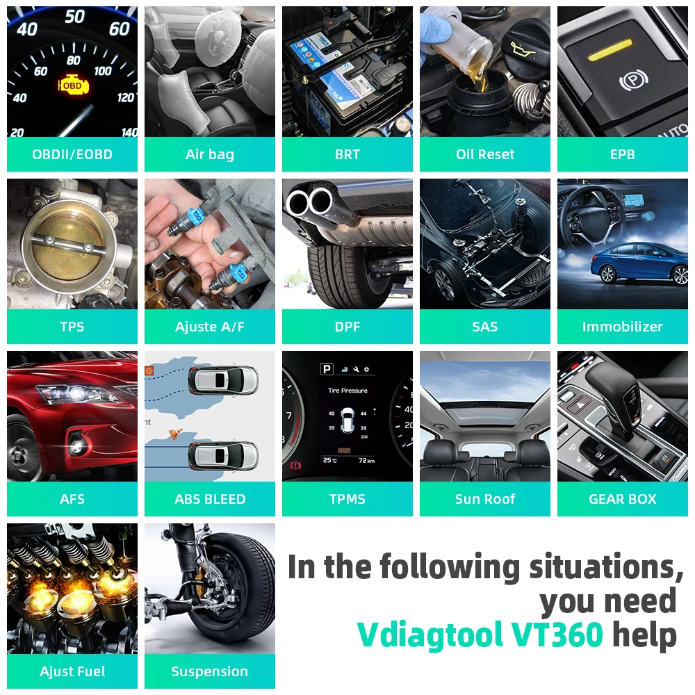 Full System OBD2 Diagnostic&ampScanner Tool VDIAGTOOL VT360 With ABS Airbag SAS BRT EPB DPF TPMS Immo Oil Reset Injector Function |