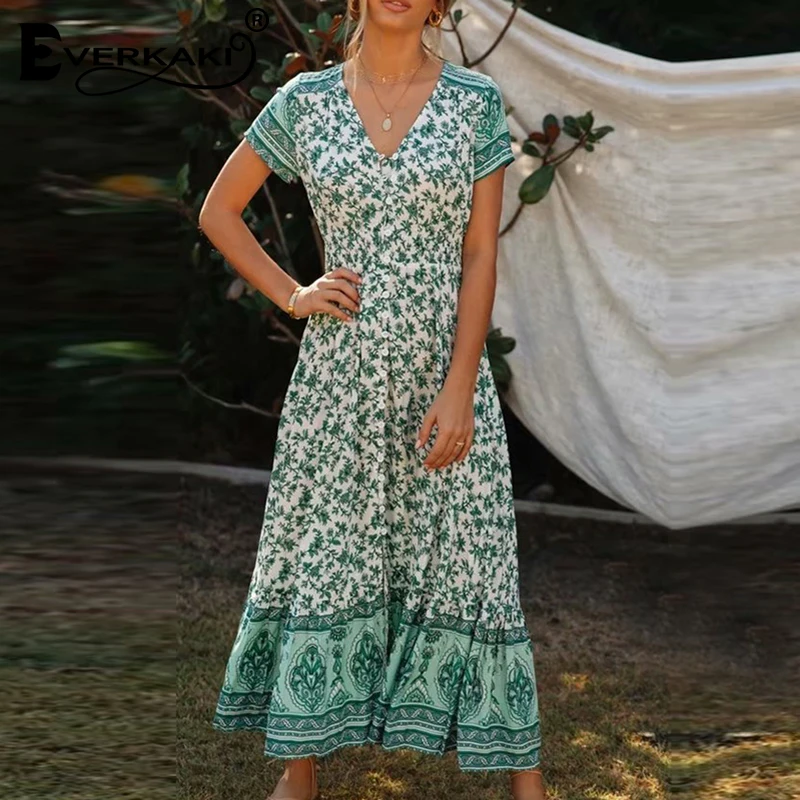 Женское длинное платье в стиле бохо Everkaki цыганское летнее с коротким рукавом