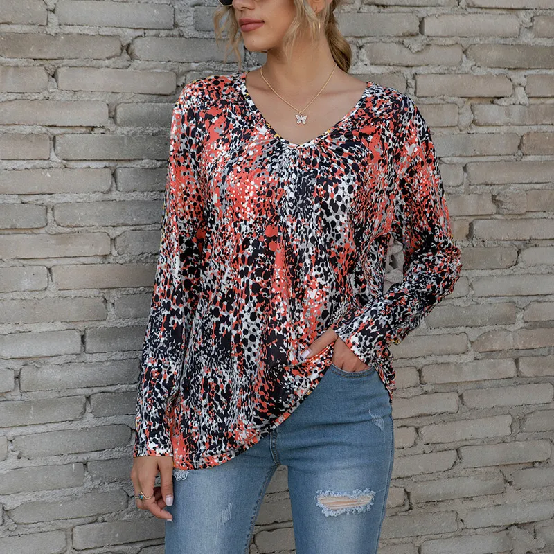 

Women T-Shirt Printed Folds T Shirt Long Sleeve V-Neck Female Loose Tee 5Xl Oversize 2021 New Autumn Daily Ladies Casual Tops