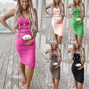 Dress For Pregnant Women Pregnancy Women Fashion Solid Color Sleeveless Cartoon print Maternity Pregnat Comfortable Midi Dresses
