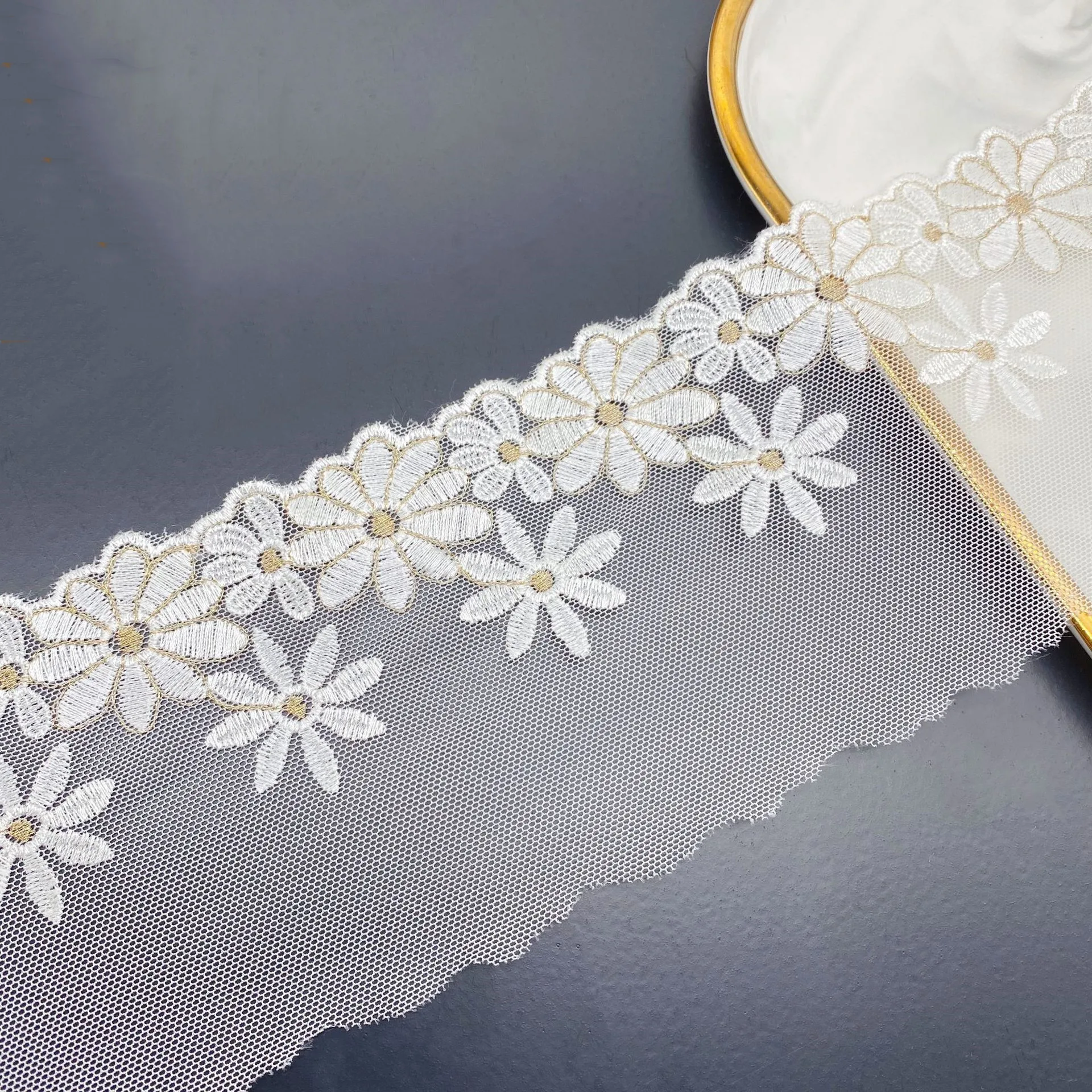 10 3 см Ширина ярда/лот сетчатая Вышивка Два цвета золотой цветок кружевная ткань