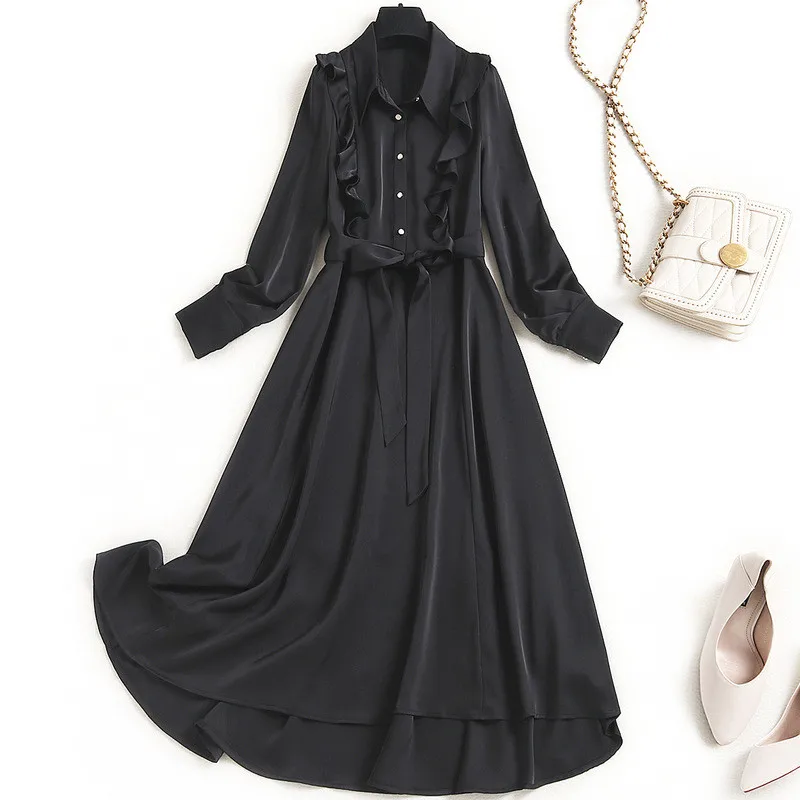 

Elegant Designers Spring Ruffled Patchwork Asymmetrical Solid Shirt Dress Women Long Sleeve Clothes Spring Office Midi Vestidos