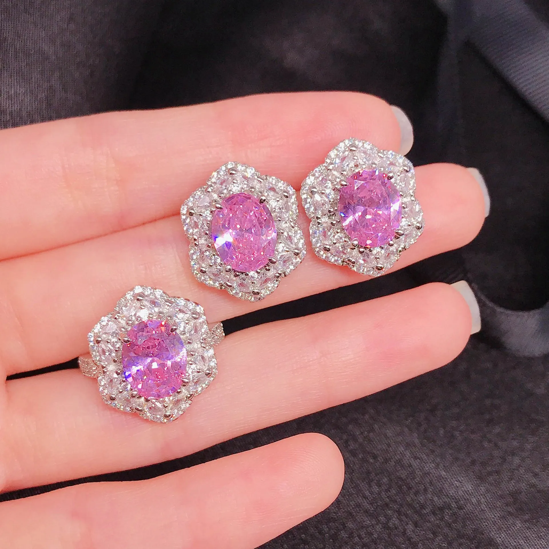 

Foydjew Luxury Opening Rings Color Treasure Jewelry Sets Sea Blue Topaz Argyle Pink Diamond Ring Stud Earrings For Women