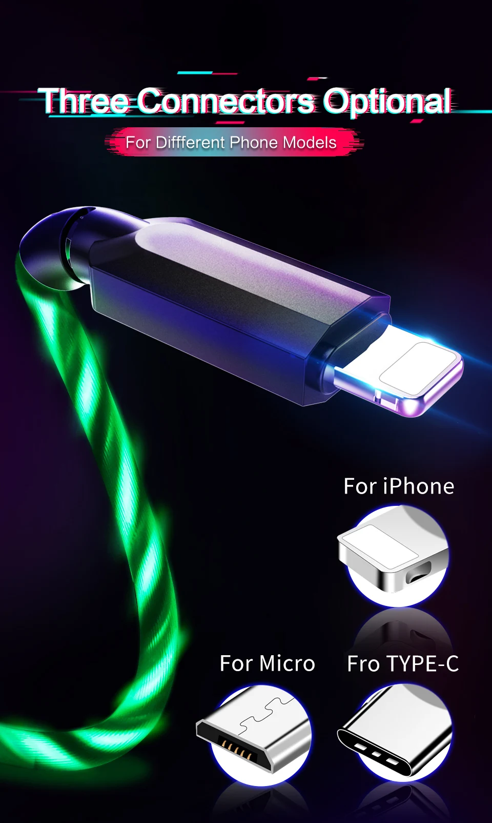 Power4 Светящиеся USB кабели для Lightning/Micro/usb type-C провода для iPhone зарядный кабель освещение для samsung S9 plus/Apple 5 6 7