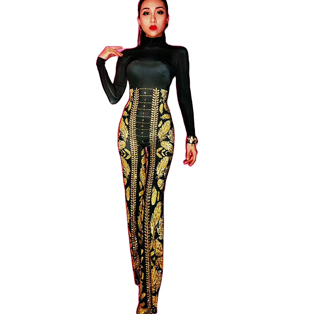 

Gold Feathers Pattern Printing Jumpsuits Women Turtleneck Backless Rompers Personality Performance Costume Ladies Dance Wear