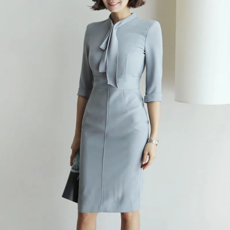 Роскошное винтажное однотонное Деловое платье с узлом элегантное женское для