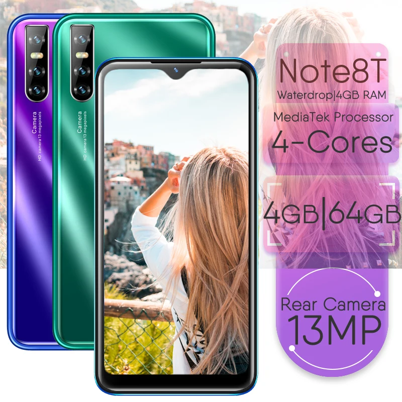 

Smartphones Note 8T 4GB RAM 64GB ROM 6.26INCH Mobile Phones 13MP Face Recognition Unlocked Android OS cheap celulares Global 3G