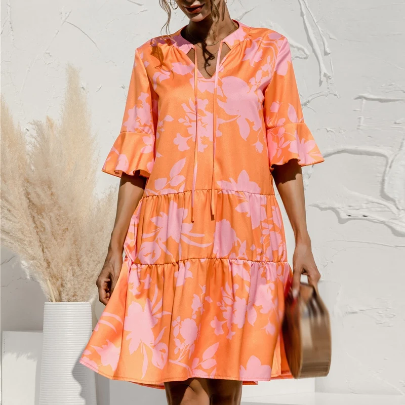 

Летнее платье на шнуровке с v-образным вырезом и расклешенными рукавами свободное платье для женщин Цветочный принт повседневные Элегантны...